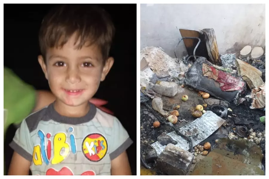 وفاة طفل نازح من اللطامنة بحريق التهم خيمة نزوحهم بمخيمات أطمة