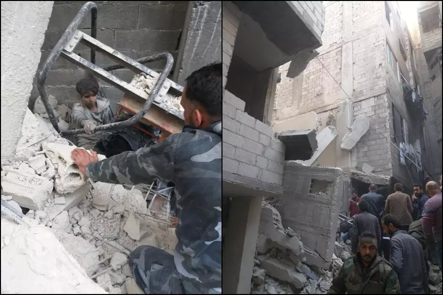 ضحايا وعالقون تحت الانقاض إثر انهيار مبنى تعرض لقصف سابق بريف دمشق
