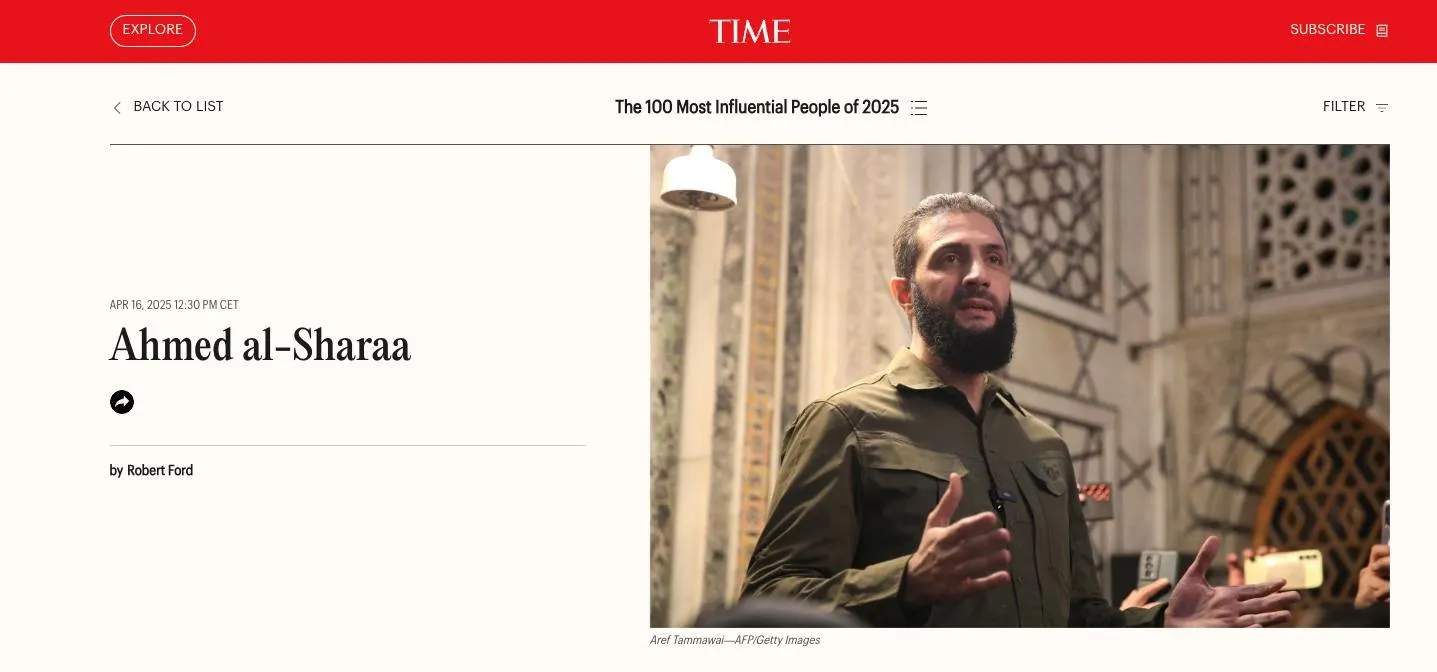 الرئيس "أحمد الشرع" ضمن قائمة "تايم" لأكثر 100 شخصية تأثيراً في العالم لعام 2025