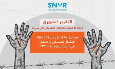 تقرير حقوقي يوثق 109 حالات اعتقال تعسفي في سوريا خلال تموز 2025 ويحث على إصلاحات قانونية ومحاسبة الجناة