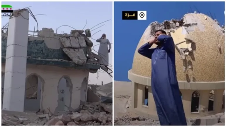 رفع الأذان على ركام مسجد في غزة ومشهد مماثل من مسجد دمره النظام في سوريا